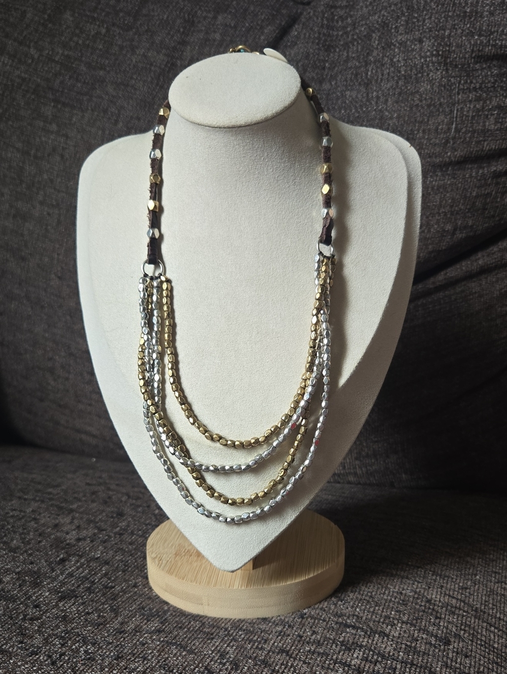 Lucky Brand Two-tone Layered Bead Multi-Strand Necklace Gold & Silver W Leather